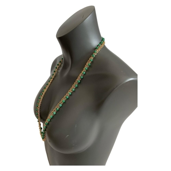 HongKong Gold Tone Chain Necklace Green Beads Multilayered Oversized Jewelry 32" - Picture 2 of 5